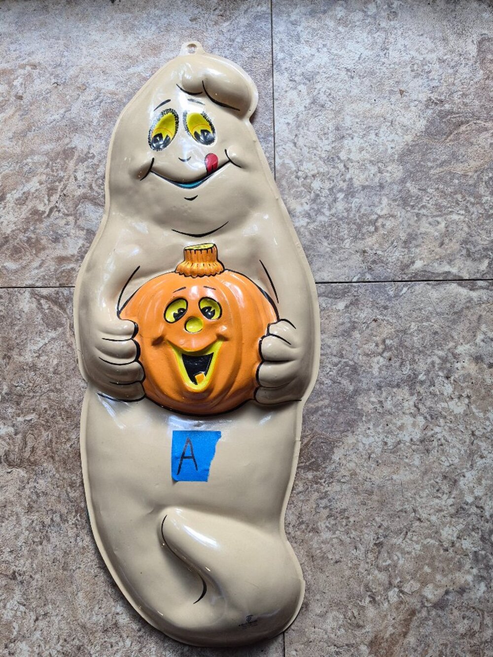 Vtg 70s Halloween Artform Plastic Ghost with Pumpkin Fall Door Hanger 24" #A